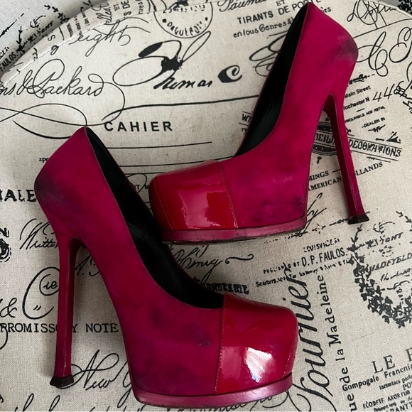 Saint Laurent Tribute Two Patent-Cap Suede Pump, Fuchsia Size 35 - Picture 7 of 7